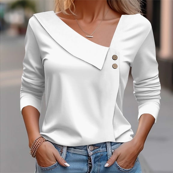 WFJCJPAF 2025 New Product Tops for Women Plus Size Linen,Women's Fashion Casual Solid Color Button-Up Blouse T-shirt Tops Blouse - White M