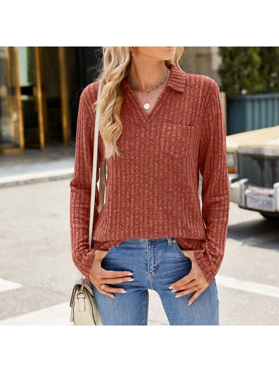 2025 New Product Tops for Women Plus Size,Women's Spring Solid Color Lapel Pocket Long Sleeved Loose T-shirt Top - Red M
