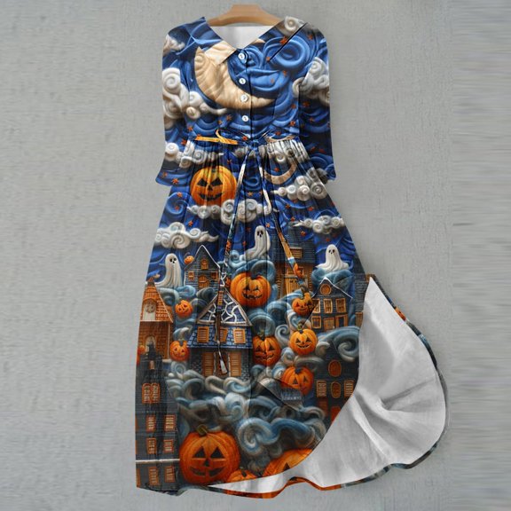 WFJCJPAF 2025 New Product White Dresses for Women,Large Size Women's Halloween Printed Seven Quarter Sleeved Lapel Dress - Black XL