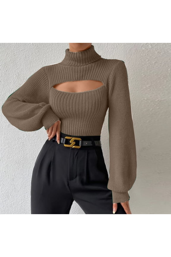2025 New Product Womens Blouses ,Women's Winter Fashion Sexy Tube Top Long Sleeve Round Neck Turtleneck Cropped Sweater Top - Brown M