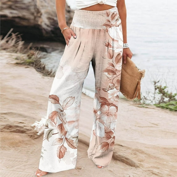 WFJCJPAF 2024 New Product 锛?Yoga Pants for Women,Women Casual Comfortable Printing Pockets Elastic Waist Straight Loose Pants - Brown L