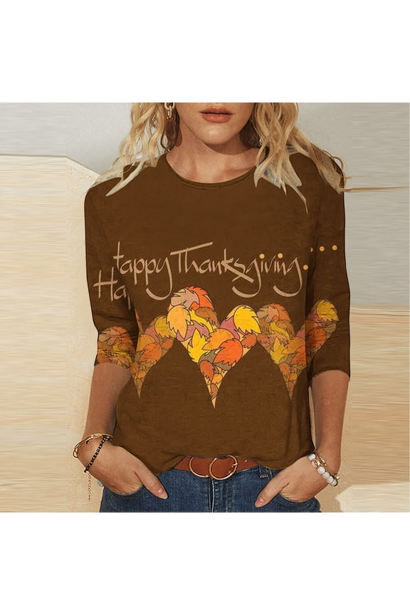 2025 New Thanksgiving Blouses for Women $5,Fashion Women's Casual Print Round Neck 3/4 Sleeve T-shirt Top Blouse,Thanksgiving Tops for Women - Multicolor XXL