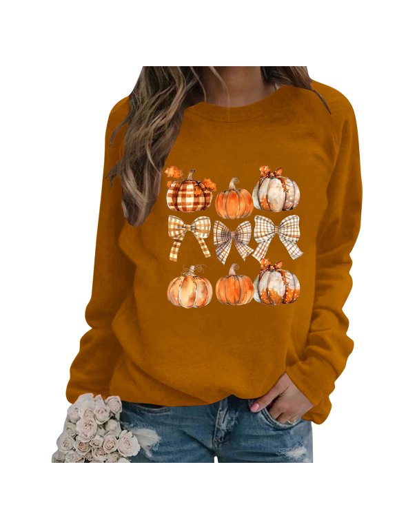2025 New Thanksgiving Blouses for Women Plus Size,Women Fashion Casual Print Round Neck Loose Long Sleeve T-shirt Tops Blouse,Thanksgiving Tops for Women - Orange XXL