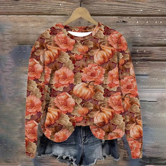 WFJCJPAF 2024 New Thanksgiving ! Plus Size Tops,Fashion Women Casual Long Sleeve Printing Round Neck Loose T-Shirt Blouse Tops,Thanksgiving Tops for Women - Orange S
