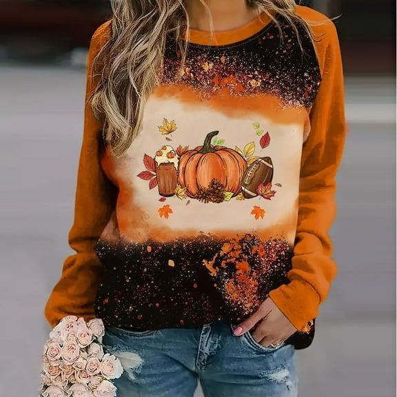 WFJCJPAF 2025 New Thanksgiving Thanksgiving Tops for Women Plus Size,Women Fashion Casual Print Round Neck Loose Long Sleeve T-shirt Tops Blouse,Thanksgiving Tops for Women - Orange XXL