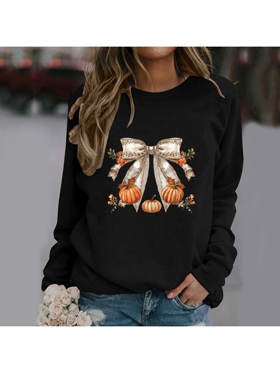 2025 New Thanksgiving Thanksgiving Tops for Women,Women Fashion Casual Print Round Neck Loose Long Sleeve T-shirt Tops Blouse,Thanksgiving Tops for Women - Black L