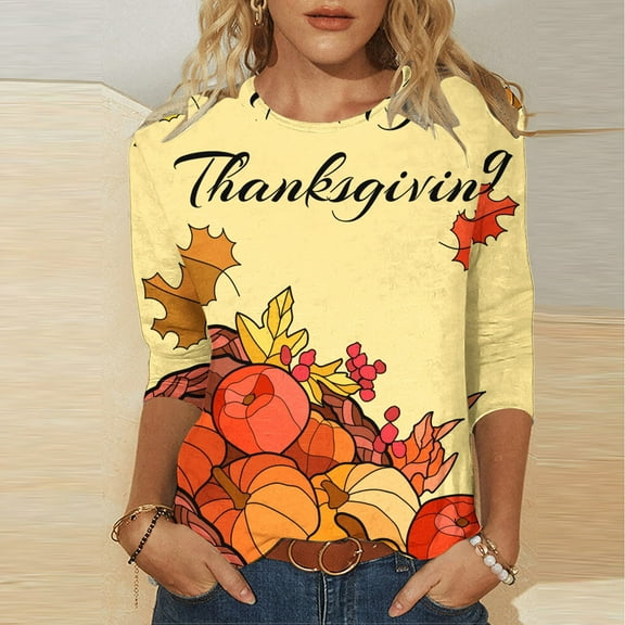 WFJCJPAF 2025 New Thanksgiving Tops for Women Plus Size 22,Fashion Women's Casual Print Round Neck 3/4 Sleeve T-shirt Top Blouse,Thanksgiving Tops for Women - Multicolor XL