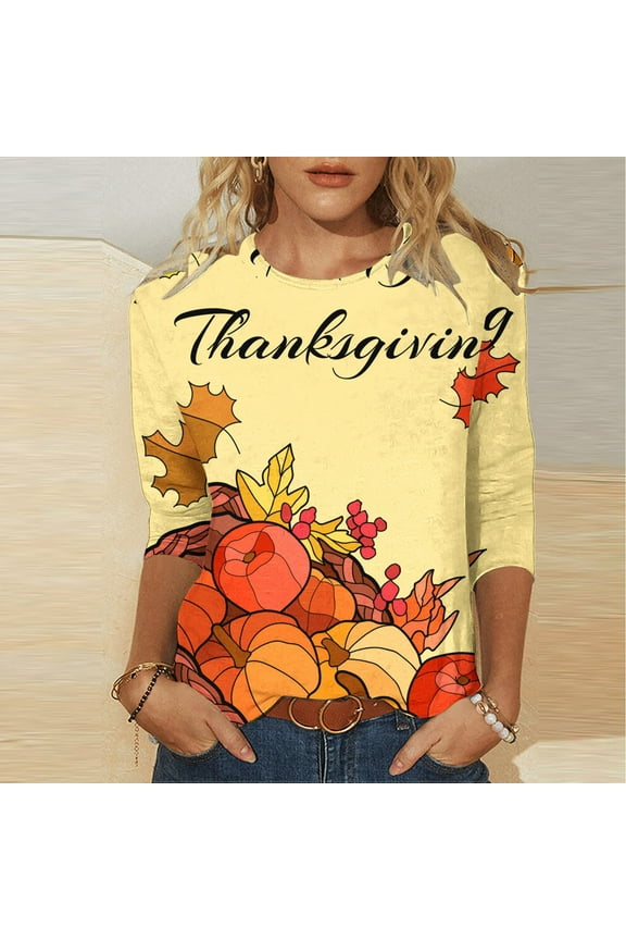 2025 New Thanksgiving Tops for Women Plus Size 22,Fashion Women's Casual Print Round Neck 3/4 Sleeve T-shirt Top Blouse,Thanksgiving Tops for Women - Multicolor S