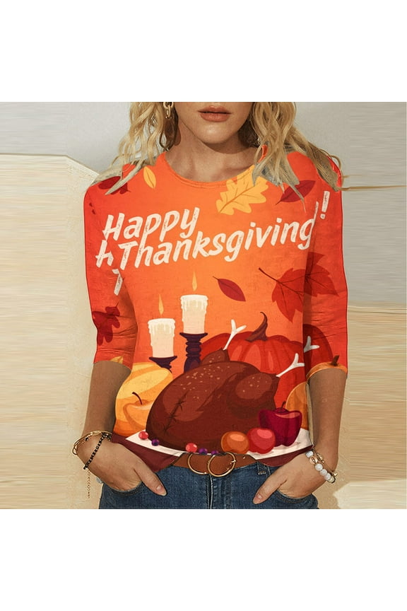2024 New Thanksgiving ! Tops for Women Plus Size 3/4 Sleeves,Fashion Women's Casual Print Round Neck 3/4 Sleeve T-shirt Top Blouse,Thanksgiving Tops for Women - Multicolor XXL