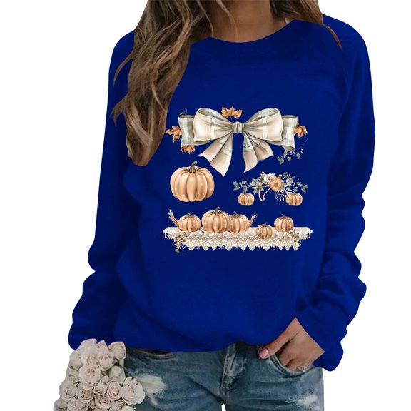 WFJCJPAF 2025 New Thanksgiving Tops for Women Plus Size Shorts,Women Fashion Casual Print Round Neck Loose Long Sleeve T-shirt Tops Blouse,Thanksgiving Tops for Women - Blue XXL