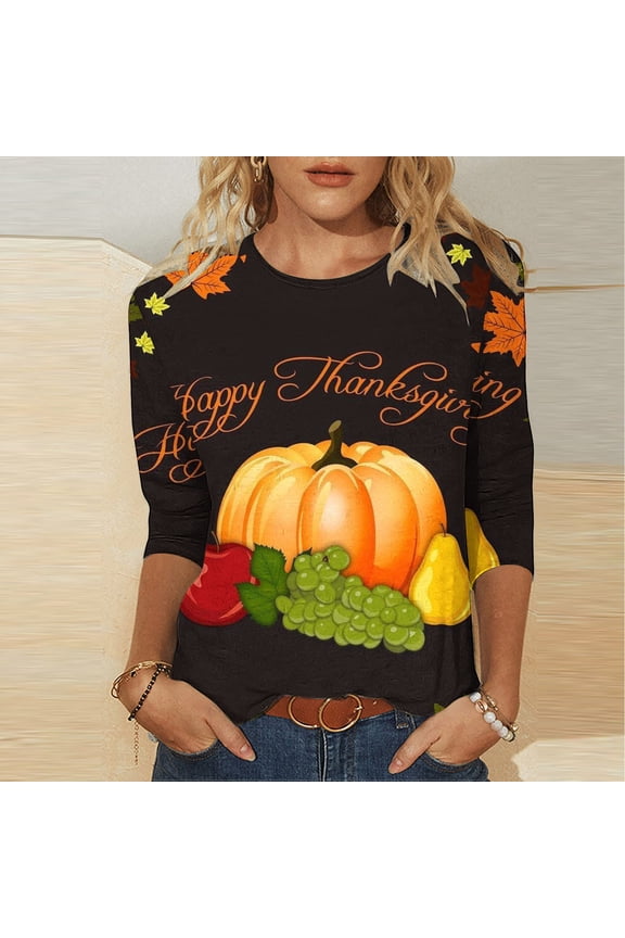 2025 New Thanksgiving Tops for Women Plus Size Stripe Tops,Fashion Women's Casual Print Round Neck 3/4 Sleeve T-shirt Top Blouse,Thanksgiving Tops for Women - Multicolor L