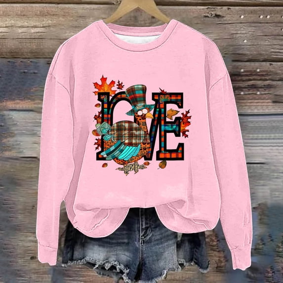 WFJCJPAF 2024 New Thanksgiving Clearance! Tops for Women Plus Size Walmart,Womens Casual Printed Round Neck Long Sleeved Top Loose Sweatshirts,Thanksgiving Tops for Women - Pink XL