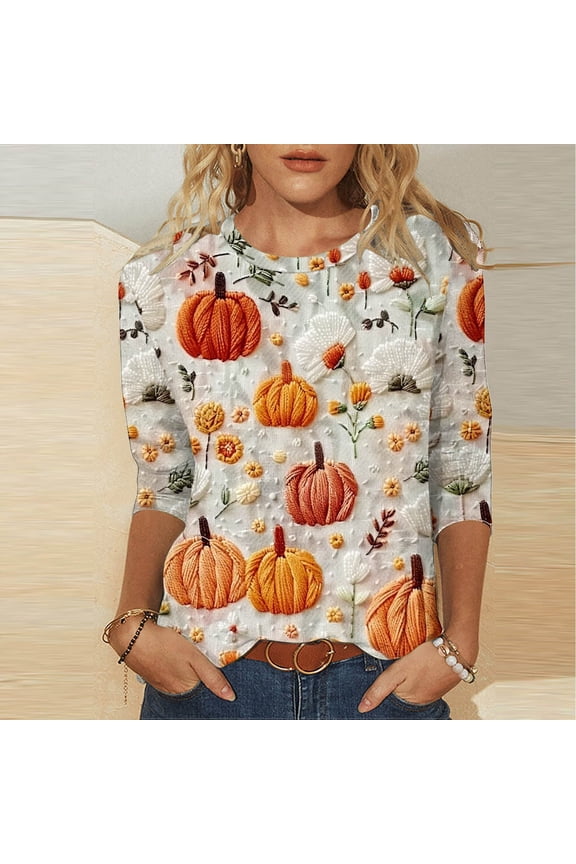 2025 New Thanksgiving Women'S Thanksgiving Tops and Sweaters,Fashion Women Printing Round Neck 3/4 Sleeve T-shirt Pullover Top Blouse,Thanksgiving Tops for Women - Orange XL