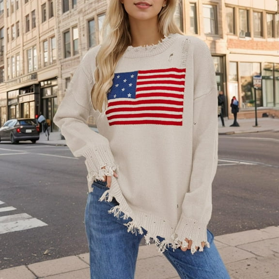 WFJCJPAF ! American Flag Tops for Women Plus Size ,Fashion Women's Casual Loose Blouses Printed Long Sleeved Round Neck Tops - Beige M