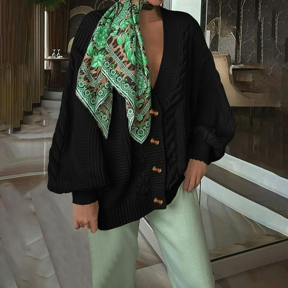 WFJCJPAF Clearance! Cardigan Sweaters for Women Clearance $5.00,Fashion Women Winter Solid Color Button Casual Long Sleeve Long Sweater Coat Cardigan Blouse Tops - Black S