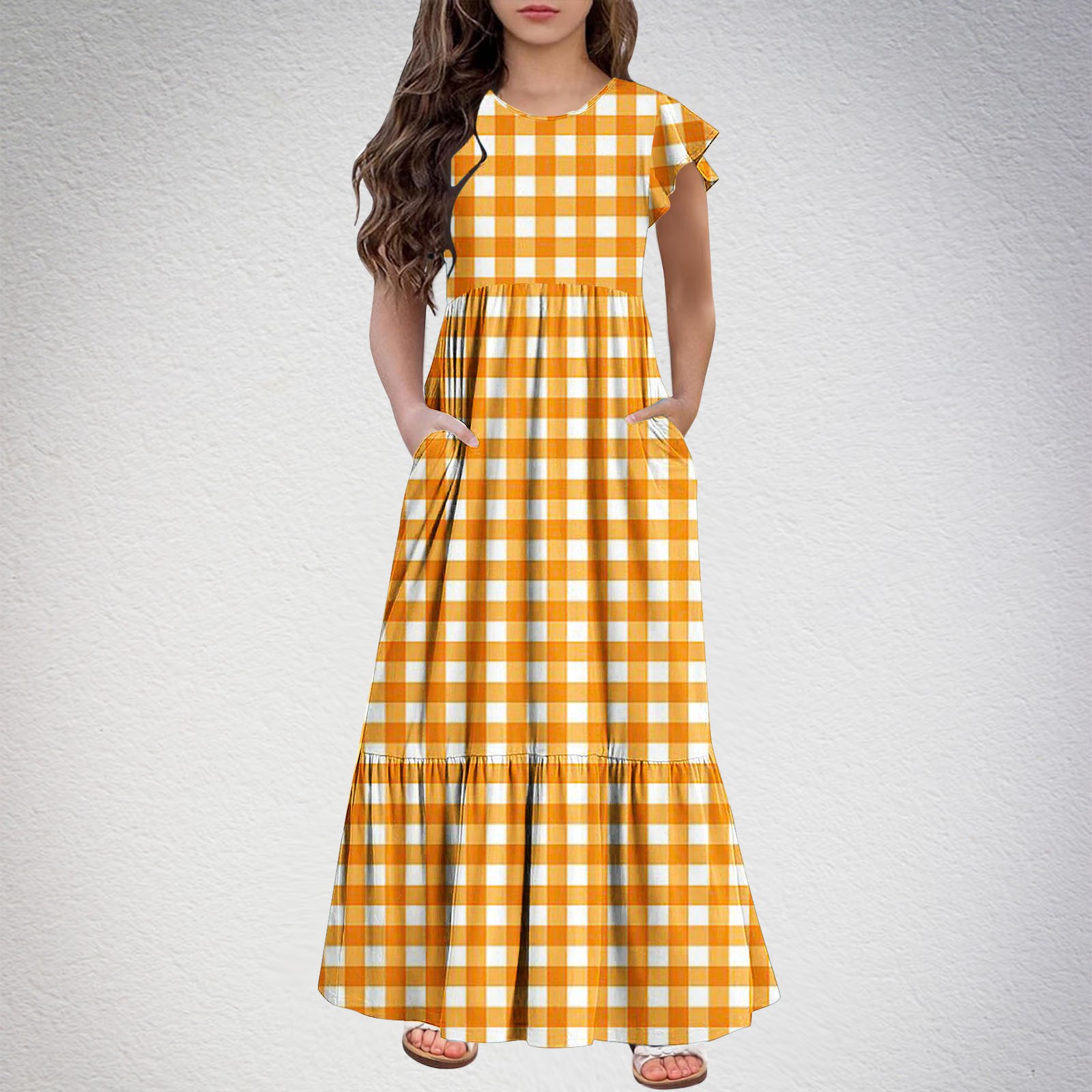 WFJCJPAF Clearance Dresses for Girls 6X Fashion Girls Summer New Short Sleeves Round Neck Solid Color Dress Orange 130 Walmart