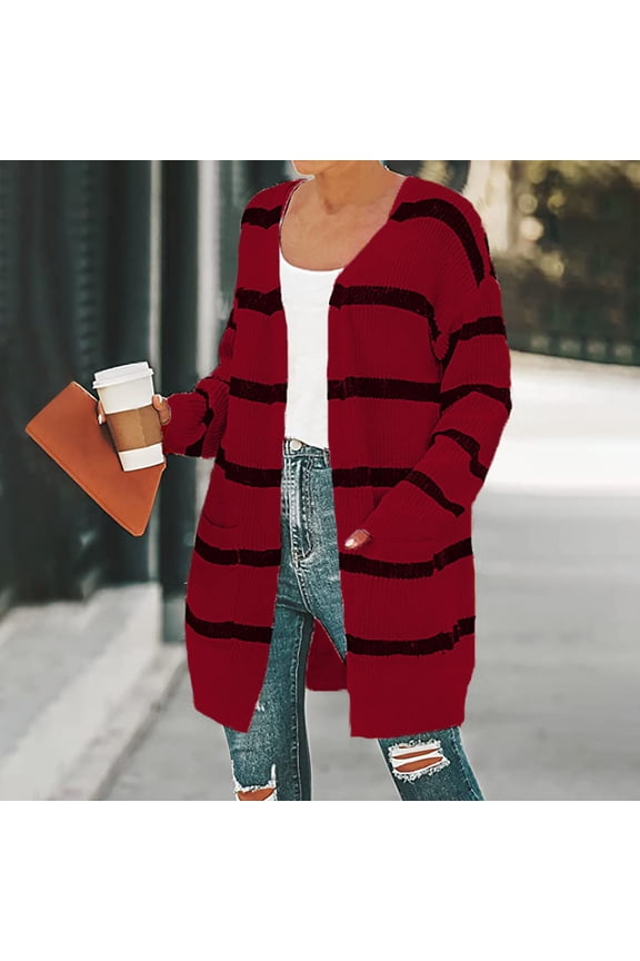 Clearance! Pullover Sweaters for Women with 3/4Sleeves,Women's Striped Pocket Medium Length Sweater Women's Loose Knit Cardigan Women's Clothing - Wine XL