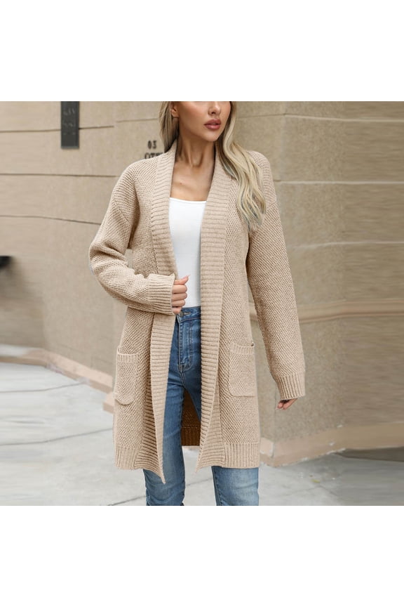 ! Pullover Sweaters for Women Plus Size,Women's Fashion Solid Color Knitting Long Sleeve Pockets Cardigan Sweater Coat Tops - Khaki L