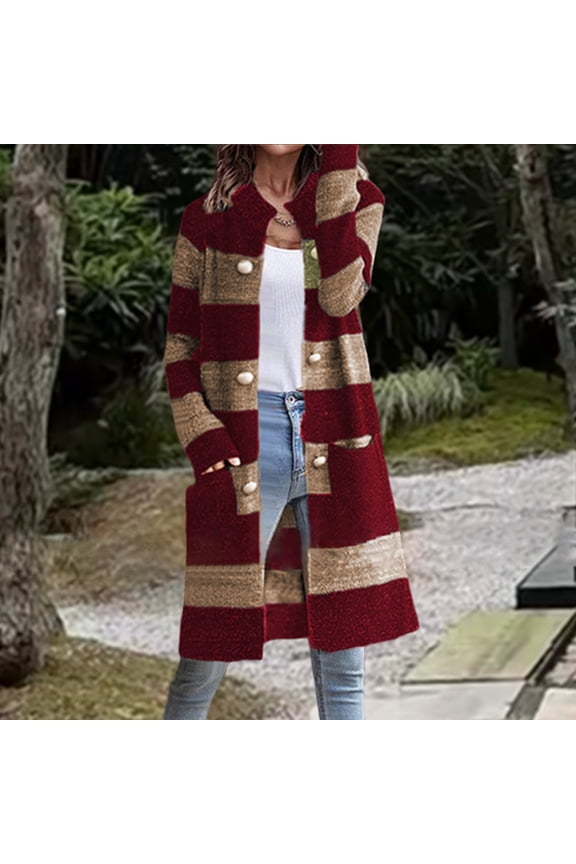 ! Pullover Sweaters for Women Hooded,Women's Loose Sweater Stripe Pocket Knitted Cardigan Button Sweater Women - Wine XL
