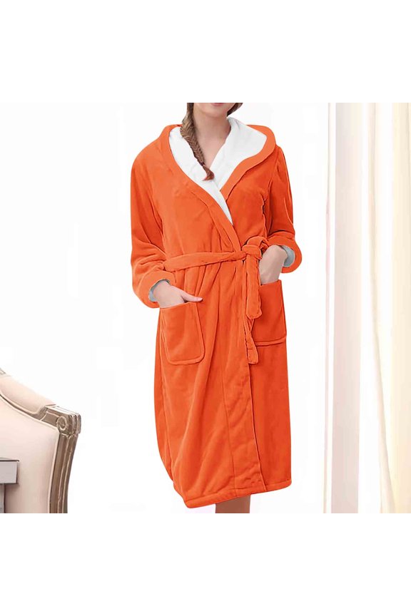Clearance! Robes for Women Plus Size Zipper Front,Women's Home Wearing Flannel Hooded Pajamas Bathrobes Long Pajamas And Pajamas - Orange - XXL
