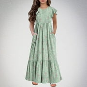 WFJCJPAF Clearance! School Uniform Girls Dress Wonder Nation Fashion Girls Summer New Short Sleeves Round Neck Casual Printing Dress - Green - 6 Years