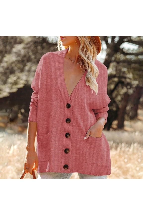 Clearance! Sweater for Women Clearance under $8,00,Fashion Women Casual Long Sleeve Botton Long Sweater Solid Coat Cardigan Blouse Tops - Pink M