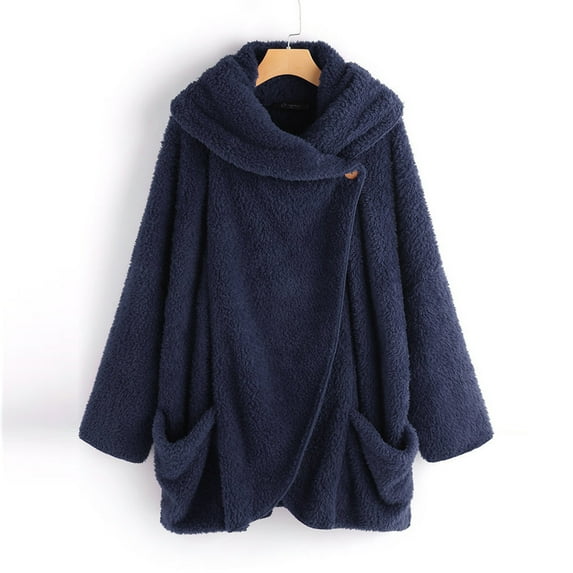 WFJCJPAF Clearance! Sweater for Women under $10,Women's Plush Large Lapel Sleeve Cardigan Sweater Jacket Solid Color Fashion - Navy XL
