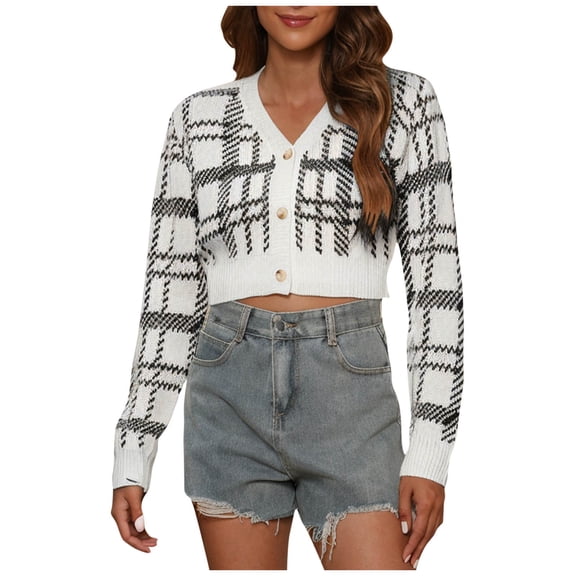 WFJCJPAF Clearance! Sweaterfor Women Plus Size Clearance,Womens Short Cardigan Casual Contrasting Color Spliced Sweater Jacket - Black S