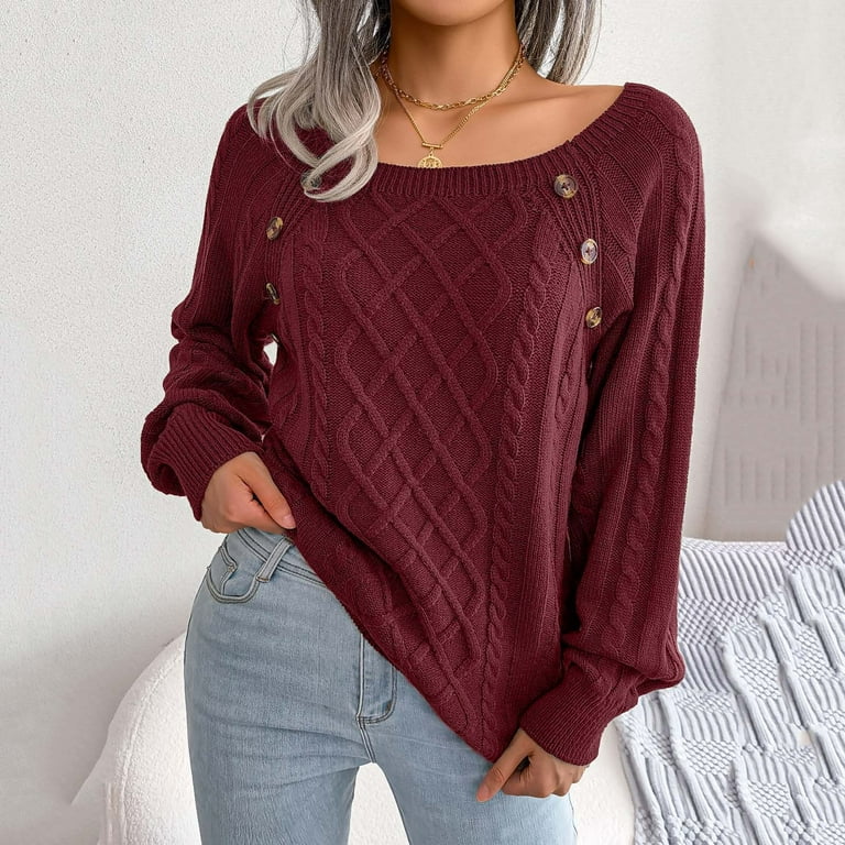 WFJCJPAF Clearance Sweaters for Women Clearance Shipping Tomorrow Fashion Women Casual Solid Long Sleeve Loose Round Neck Sweater Pullver Button