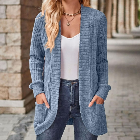 WFJCJPAF Clearance! Sweaters for Women Plus Size Cardigan,Women's Casual Solid Long Cardigan Outwear Casual With Pocket Tops - Sky Blue S