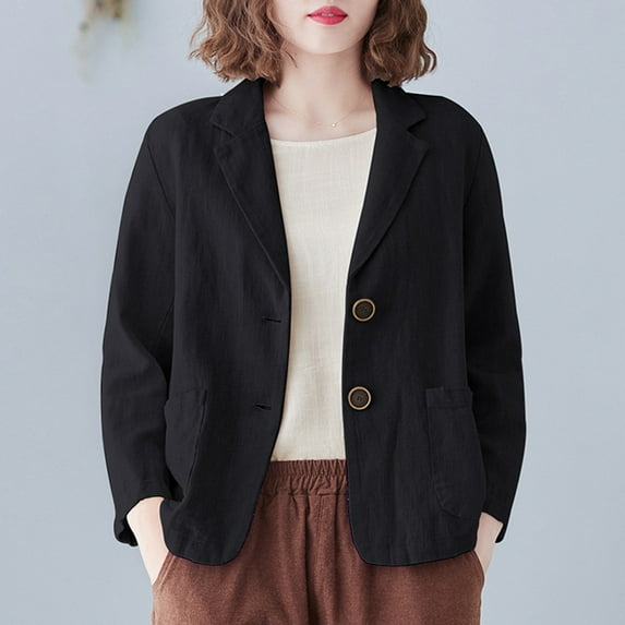 WFJCJPAF Holiday Clearance! Blazers for Women Plus Size,Women's Fashion Color Casua Long Sleeve Suit Jacket Button Cotton And Linen Tops Pockets Blouse