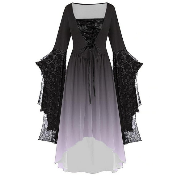 WFJCJPAF Holiday ! Court Renaissance Dress for Women,Women's Large Size Sleeve Lace Patchwork Fashion Printed Long Sleeve Bandage Long Dress - Gray L