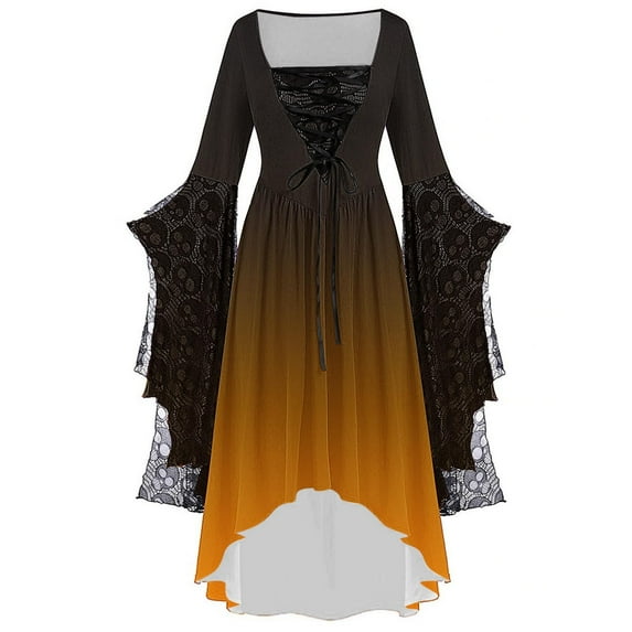 WFJCJPAF Holiday ! Court Renaissance Dress for Women,Women's Large Size Sleeve Lace Patchwork Fashion Printed Long Sleeve Bandage Long Dress - Orange XL