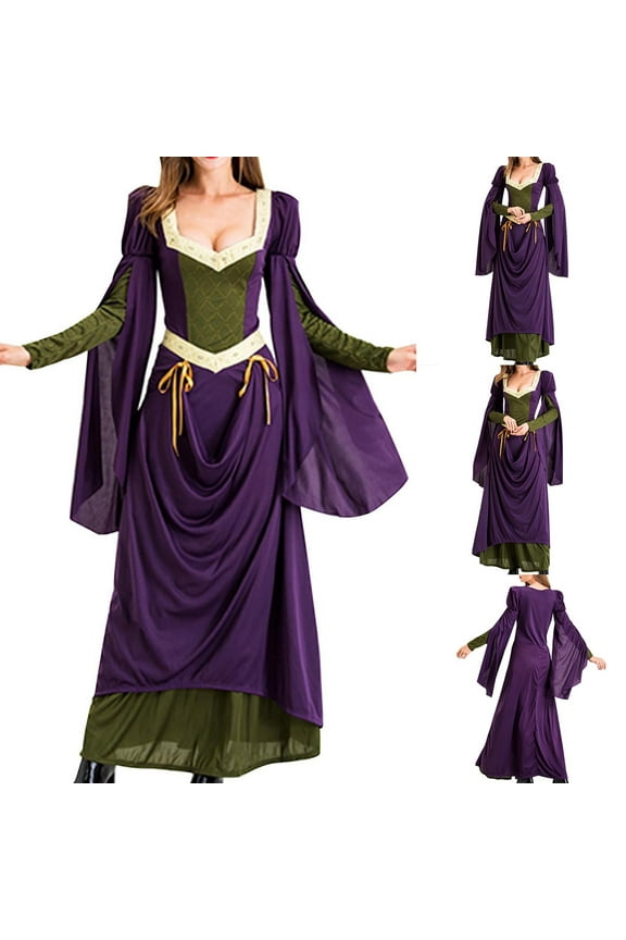 Holiday Court Renaissance Dress for Women,Woman Fashion Patchwork Vintage Long Sleeves Court Party Costume Dress - Purple M