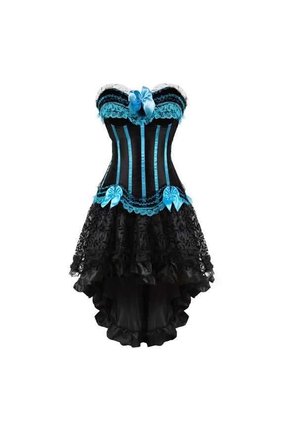 Holiday Dresses for Women Plus Size,Women's Lace Bow Tie Color Retro Medieval Ball Patchwork Puffy Skirt Set - Light Blue M