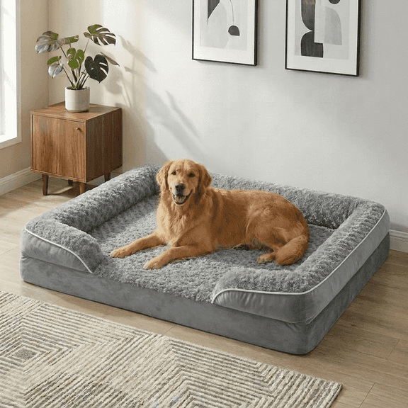BlissHaven L 36"x27" Orthopedic Dog Sofa Bed for Medium and Large Dogs, Removable Washable Cover, Waterproof Liner, Non-Slip Bottom, Gray