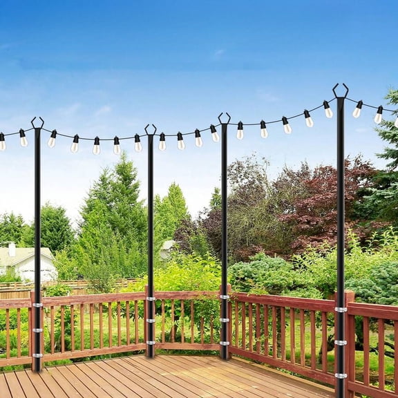 WFPXAMLZZMD 10Ft 4 Pack String Light Poles,Light Poles for Outside Lights,Outdoor with Fence Brackets Hanging Lights,Metal Stand Deck Patio Backyard, Heavy Duty Stepped-In 3-Prong Base Light Pole