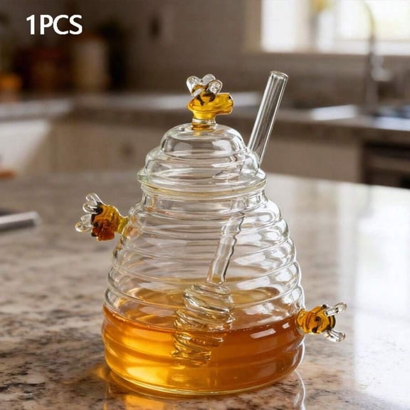 WFPXAMLZZMD 1pcs 480ml/16.23oz High Borosilicate Glass Honeycomb Jars, With Lid and Stir Bar, Transparent Honey Storage Containers, Suitable for Home, Weddings, Parties, and Kitchen Use.