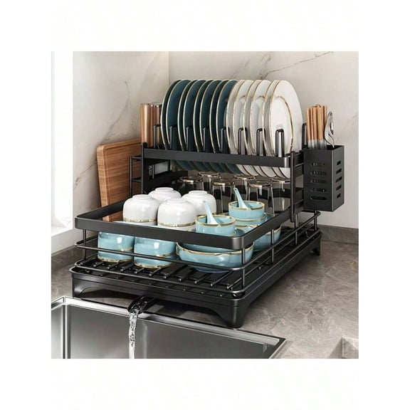 WFPXAMLZZMD 2-Tier Black Expandable Dish Drying Rack, Suitable for Kitchen Countertops, Large Dish Drainer with Pot Rack, Cup Rack, for Plates Bowls Cups Silverware