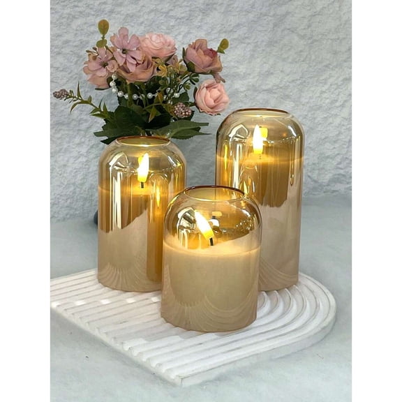 WFPXAMLZZMD 3-Pack Timed Remote Control Flameless Candle Lights, Battery Operated Wish Candles With Warm Flame Effect; Ideal for Home, Bedroom, Wedding, Proposal, Christmas, Halloween-Gold