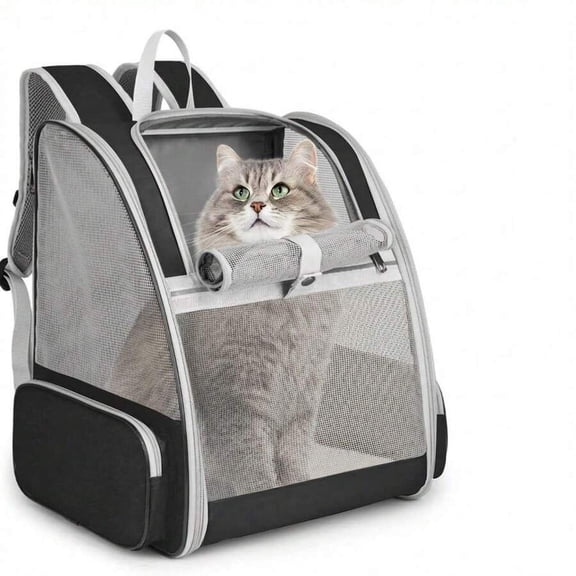 WFPXAMLZZMD Breathable Anti-Escape Pet Backpack, Large Portable Cat Carrier with Roller Shutter & Visible Window, Spacious Stylish Travel Pet Bag