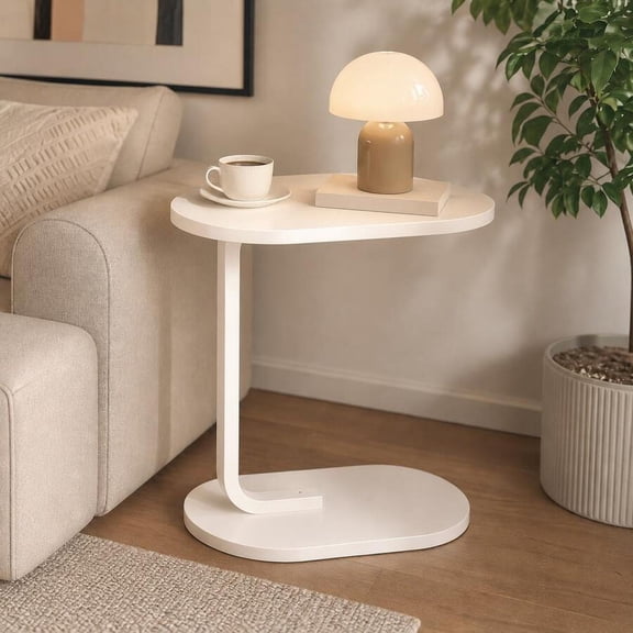WFPXAMLZZMD C‑Shaped Side Table, Compact Sofa Table with Oval Wood and Metal Frame; Space‑Saving Snack Table for Living Room, Bedroom, and Small Spaces; Holding Coffee, Drinks, and Books,White