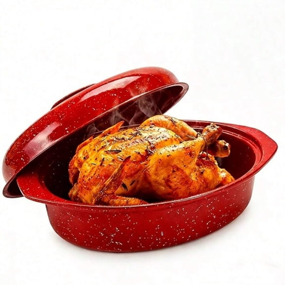 WFPXAMLZZMD Granite Pattern Enamel Oval Roasting Pan With Lid | Professional Oven Roaster Perfect for Whole Turkey! Heat Resistant & Dishwasher , Essential for Thanksgiving & Christmas Feasts