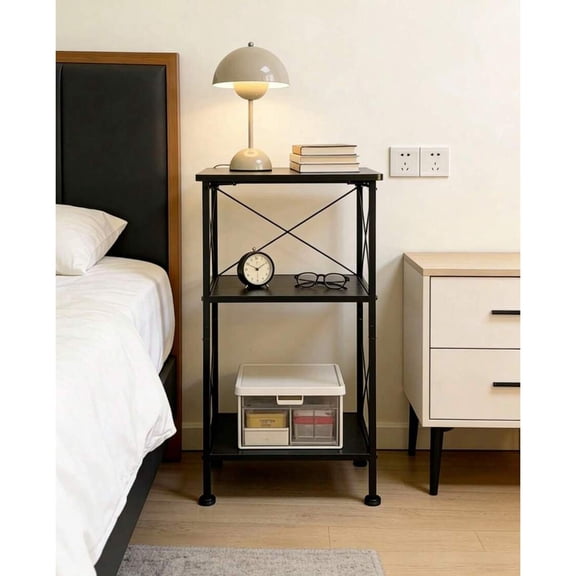 WFPXAMLZZMD Sleek 3-Tier Black Storage Shelf with Industrial X-Frame Fits Books, Decor, and Rattan Baskets