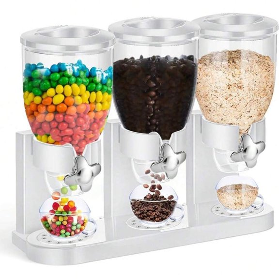 WFPXAMLZZMD Triple Food Dispenser - 3 Cup Cereal Storage Easy To Use Dry Food Dispenser Perfect As A Candy, Nuts, Rice, Granola, Cereal Dispenser & More - white