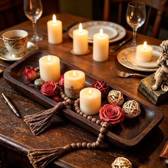 WFPXAMLZZMD Wooden Candle Tray Holder - Long Narrow Tray Home Decor Small Rustic Centerpieces Trays for Coffee Table Dining Room Kitchen,Dark Brown