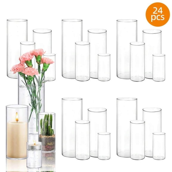 WFPXAMLZZMD24pcs Clear Glass Cylinder Vases, 4, 6, 8, 10 Inch Tall Cylinder Vases for Centerpieces,  Hurricane Floating Candle Holder Vase For Table Shelf, Party, Wedding, Home Decor