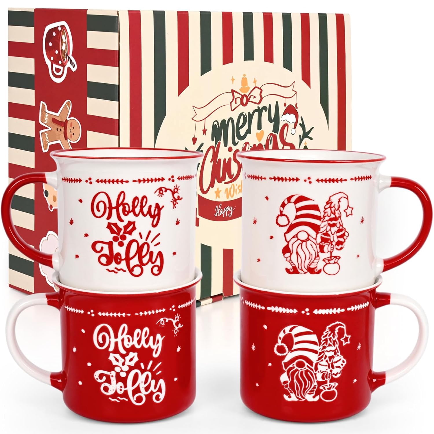 Futtumy Christmas Mugs Set of 4, Christmas Coffee Mugs, Dwarf Santa Mugs, Christmas Gifts, Birthday Gifts, White Red 13 fl oz Coffee Mug Ceramic Mugs Tea Cup