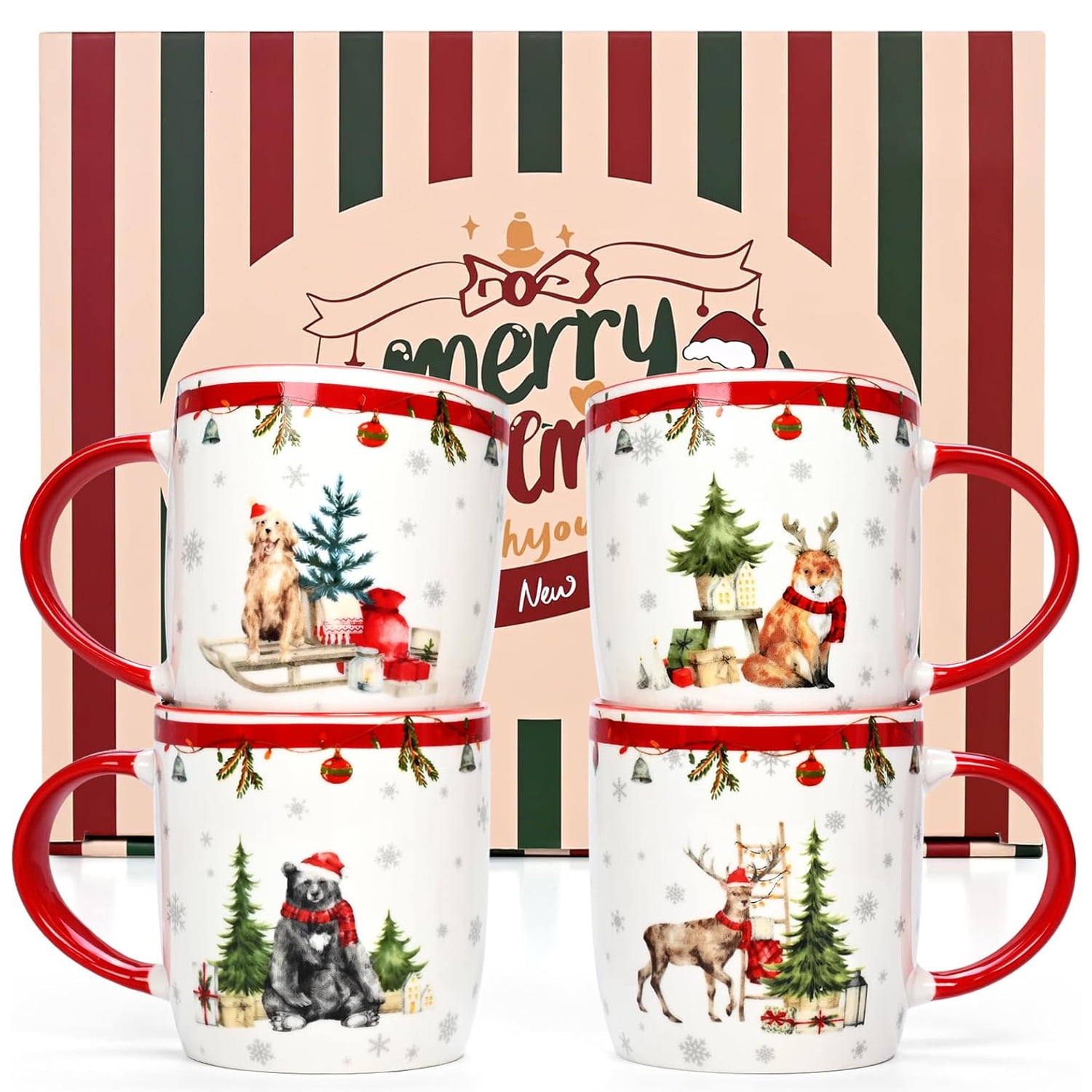 Futtumy Christmas Mugs, Christmas Mugs Set of 4, Holiday Mugs, Merry Christmas Mugs, White Red Coffee Mug Ceramic Mugs Tea Cup, 11 fl oz