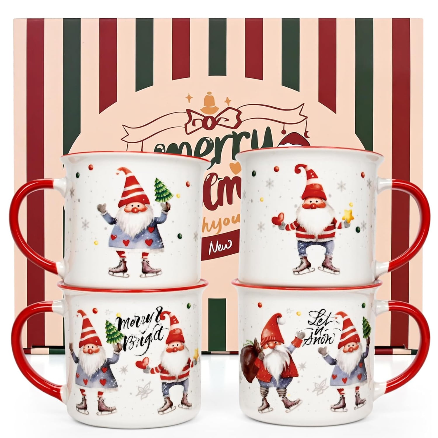 Futtumy Christmas Mugs, Christmas Mugs Set of 4, Christmas Little Elf Mugs, Holiday Mugs, Merry Christmas Mugs, White Red Coffee Mug Ceramic Mugs Tea Cup, 13 fl oz